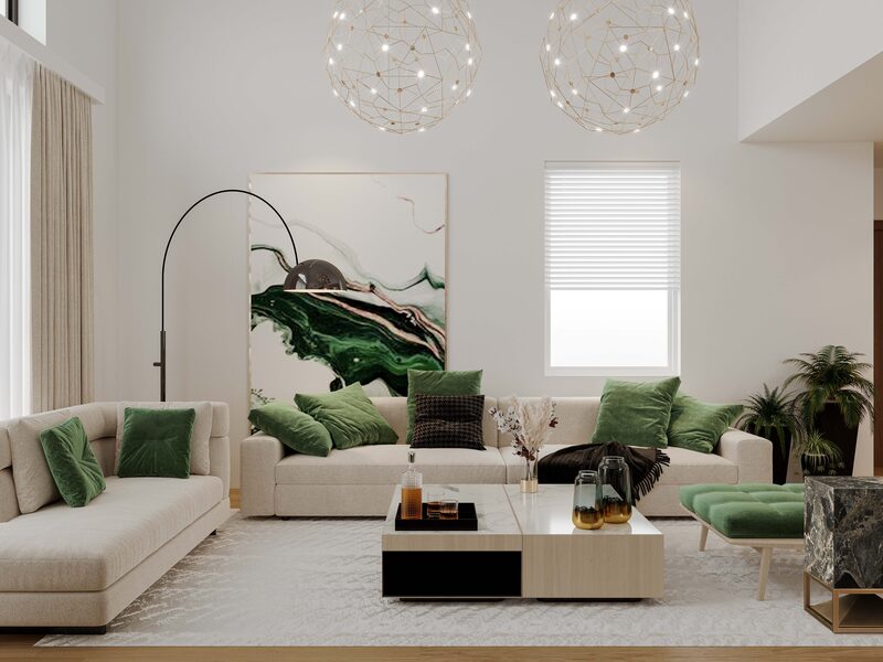 A bright living space with a stone side table and sculptural furniture.