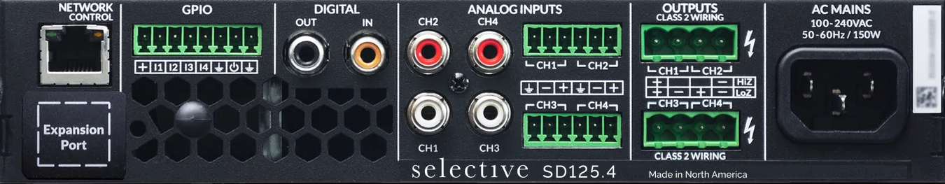 The SD125.4 rear panel, left to right: Network Control on RJ45, the GPIO Euroblock with a ventilation array and the expansion port below it, Digital S/PDIF out and in, four analogue inputs on RCA with Euroblock terminals for CH1 to CH4, the speaker outputs with their Hi-Z and Lo-Z selector and CLASS 2 WIRING warnings, and the AC mains inlet. The selective SD125.4 wordmark and a Made in North America line run along the bottom edge.