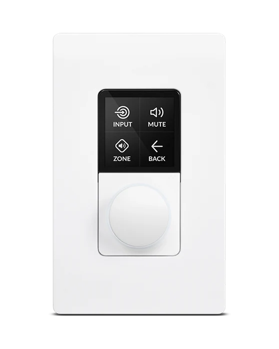 The Multi-Zone Controller: a wall plate with a
                  four-button screen reading INPUT, MUTE, ZONE and BACK, and a
                  round level knob beneath it.